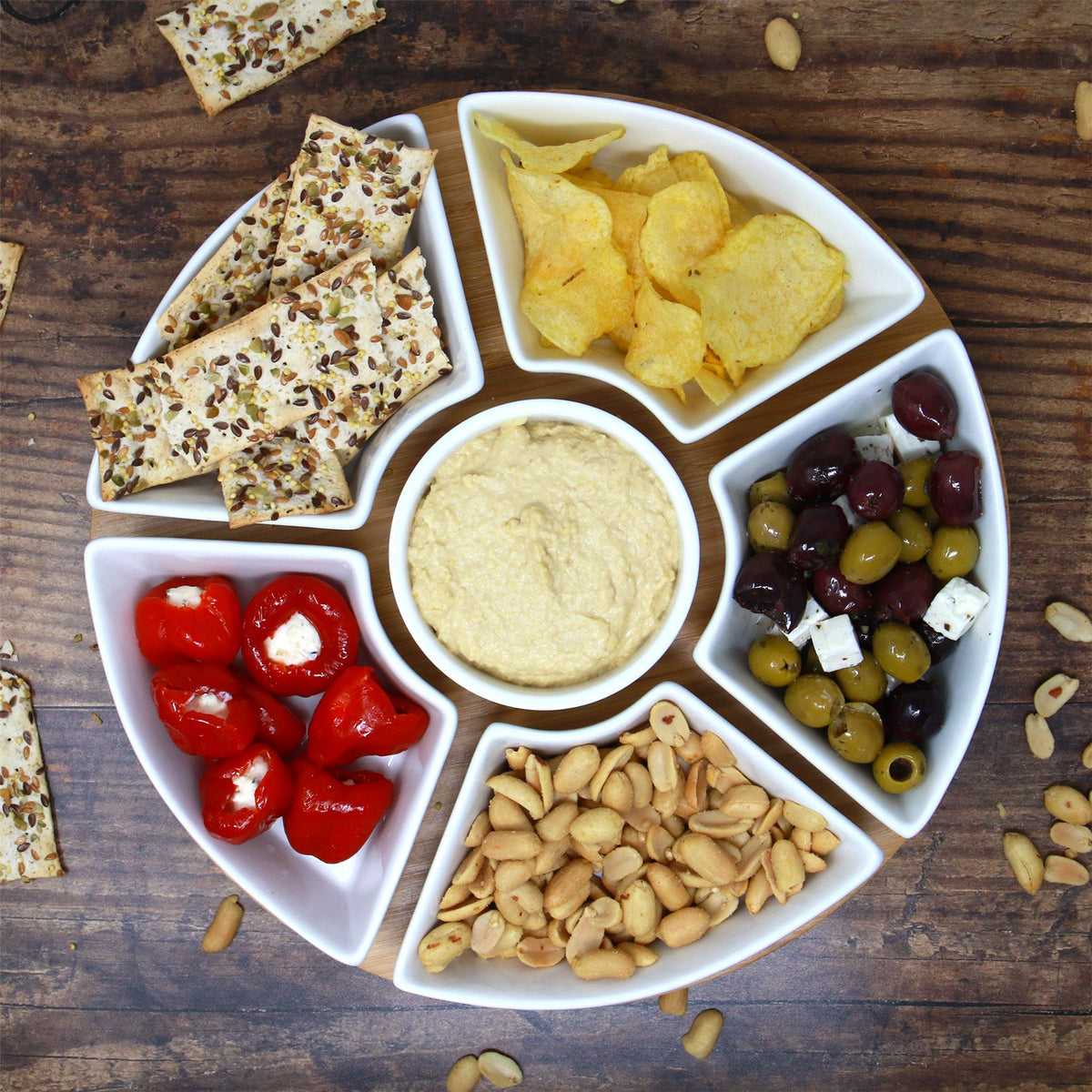 Maison & White Bamboo Lazy Susan Dip Set | 6 Removable White Ceramic Bowls | 360° Rotating Snack Server | 30.5cm