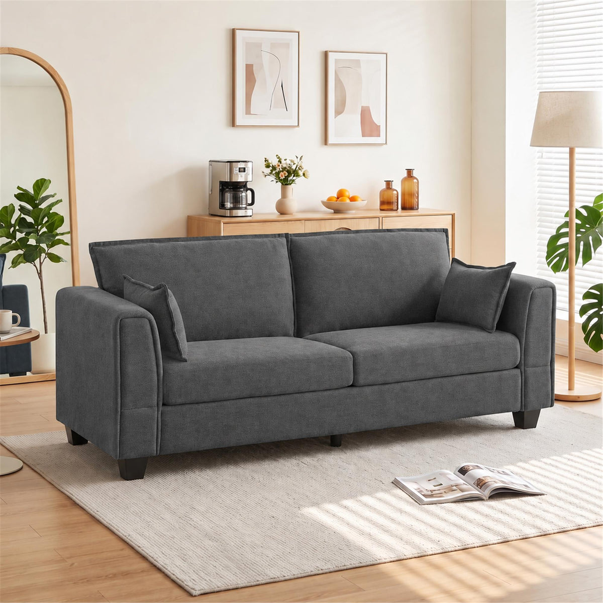 3 Seater Sofa | 200cm Linen-Look Polyester Couch | Pocket-Spring Seats, Padded Arms & 2 Cushions | Dark Grey or Dark Blue