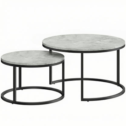 Set of 2 Stacking Coffee Tables | Round Marble Effect MDF Tops | Steel Frames | Stackable | Large 78.5cm & Small 59cm | 50kg | Marble Grey