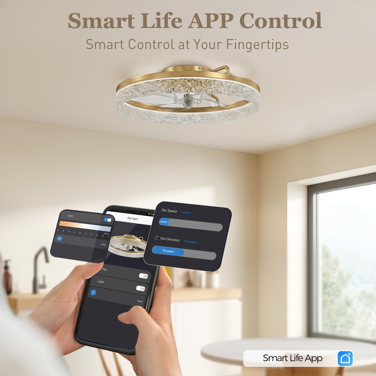 Smart Ceiling Fan with Dimmable LED Light | Remote & App Control | 6 Speeds | Gold Tone