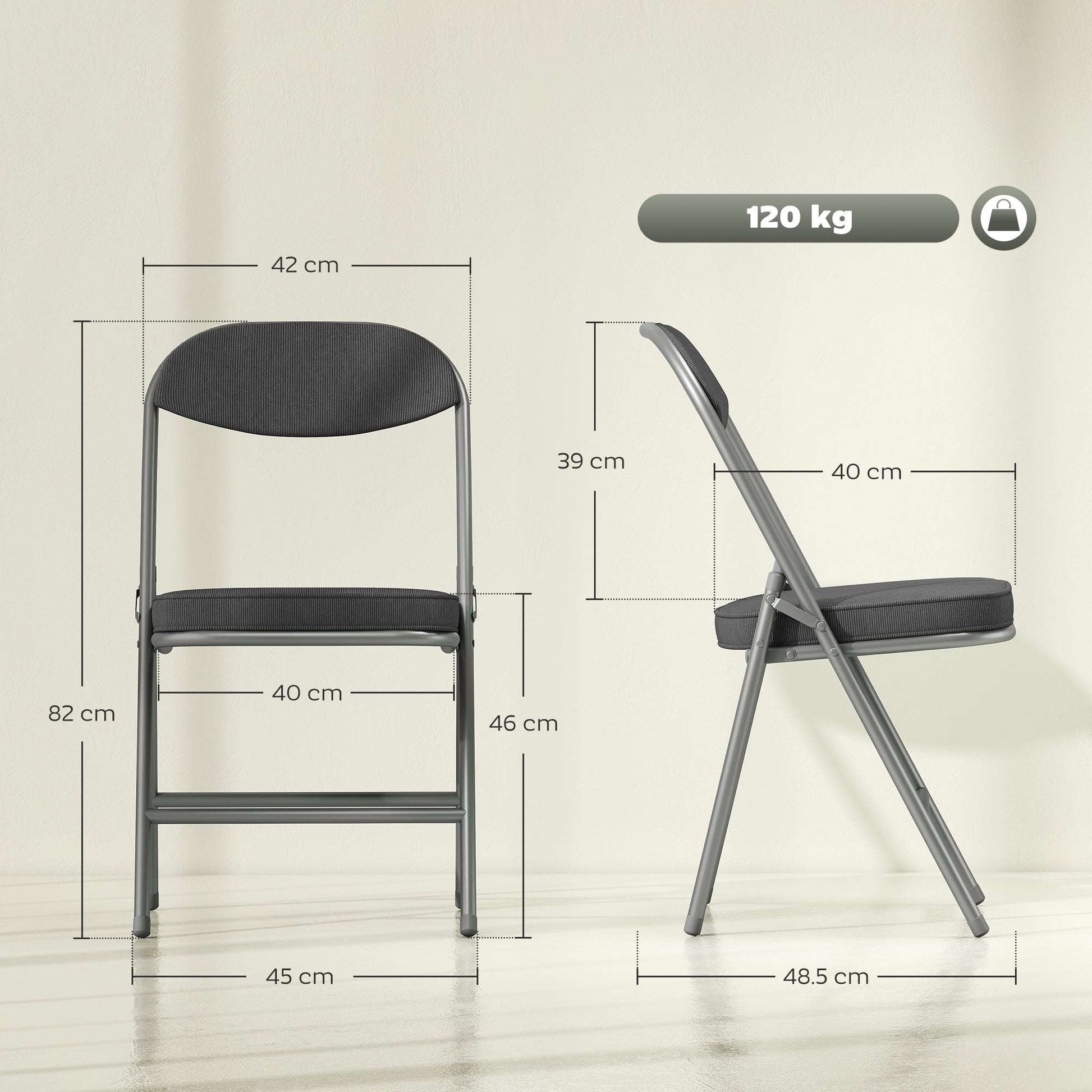 Set of 4 Folding Corduroy Chairs | High Back | Padded Seat & Back | Steel Frame | 120kg | No Assembly | Dark Grey
