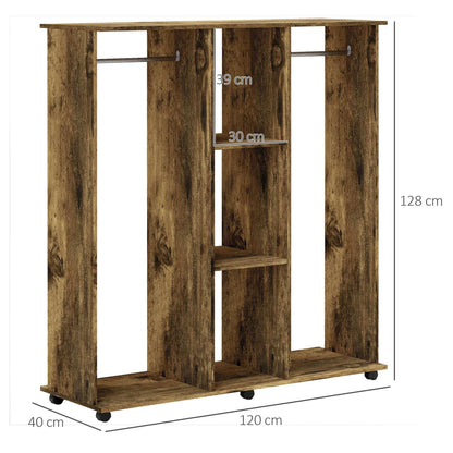 Open Wardrobe Double Mobile Storage Shelves Organiser W/6 Wheels-Rustic Brown