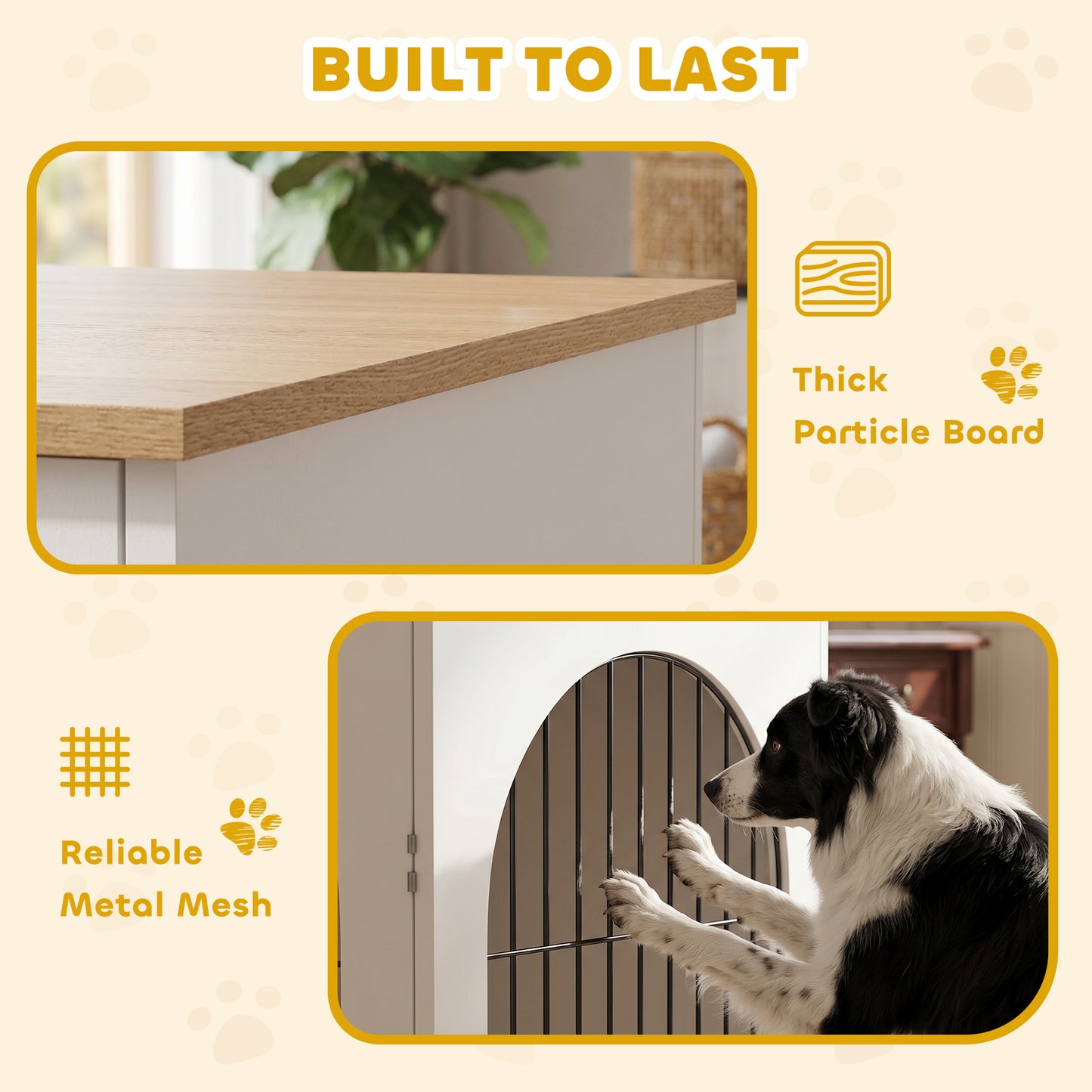 Dog Crate Furniture Side Table | Double Doors | Arched Wood-Grain Design | Large Dogs up to 30kg | 100 x 60 x 69cm | White