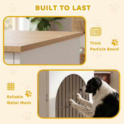 Dog Crate Furniture Side Table | Double Doors | Arched Wood-Grain Design | Large Dogs up to 30kg | 100 x 60 x 69cm | White