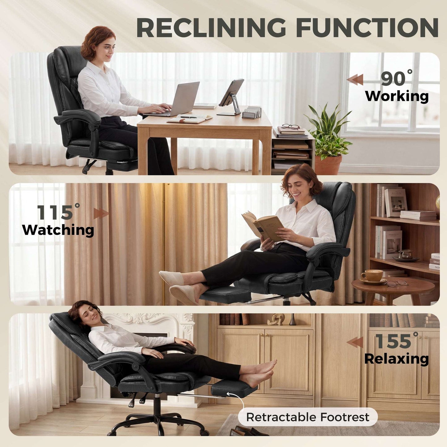 High-Back Executive Reclining Office Chair | 90-135° Recline | Linkage Armrests | Retractable Footrest | Pocket Spring & Foam Seat | PU Leather | EN1335 & BS5852 | 120kg | Black