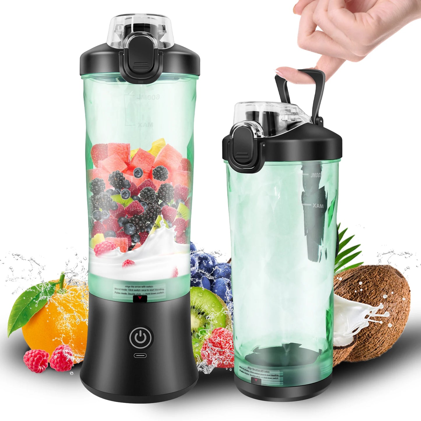 600ML Portable Mini Blender, Usb Rechargeable Small Smoothie Blending Machine, Large Capacity Travel Blender Portable Smoothies, Blends Ice
