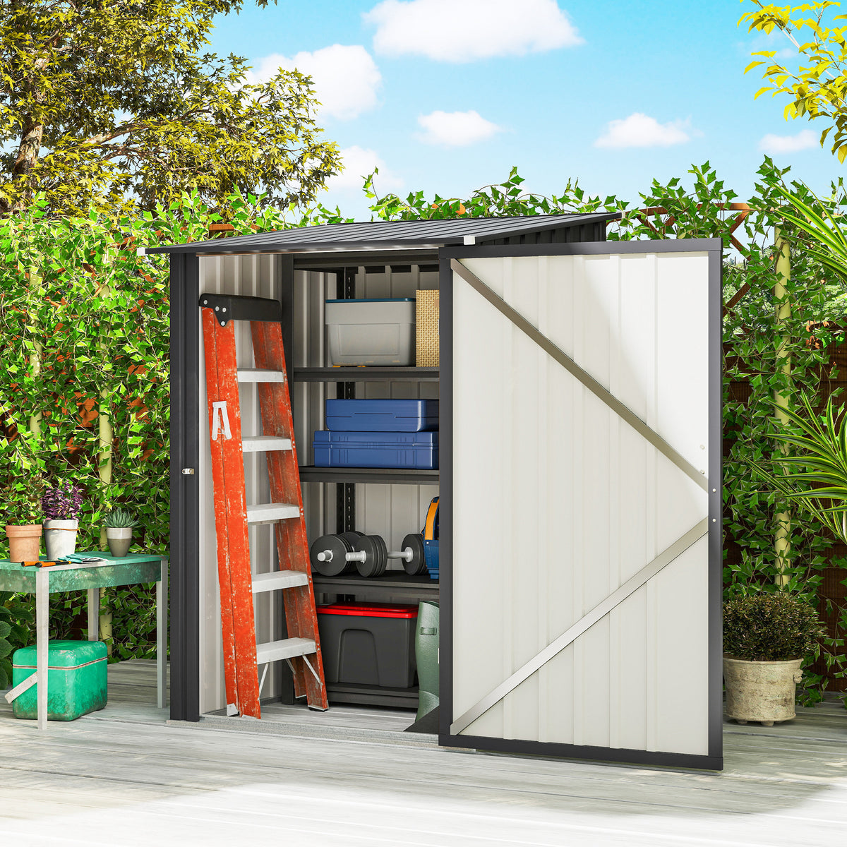 Lean To Steel Garden Shed with Latched Door | Galvanised Corrugated Steel | Sloped Roof | Dark Grey | 100x104x160cm | Inner 83x86cm | 20kg/m² Snow Load | No Rainwater Buildup | Assembly Required
