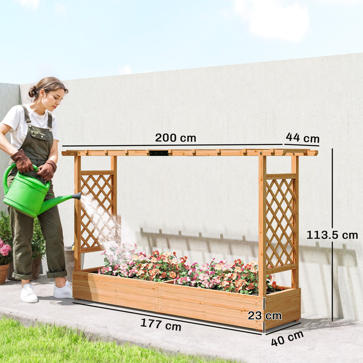 Wooden Raised Planter with Trellis & Hanging Roof Rails | Fir Wood | 2 Side Trellises | 8 Drainage Holes | 175x39cm Bed | 10kg Max | 200x44x113.5cm | Natural Wood Finish