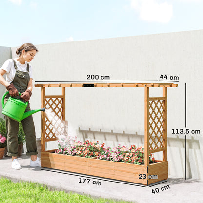 Wooden Raised Planter with Trellis & Hanging Roof Rails | Fir Wood | 2 Side Trellises | 8 Drainage Holes | 175x39cm Bed | 10kg Max | 200x44x113.5cm | Natural Wood Finish