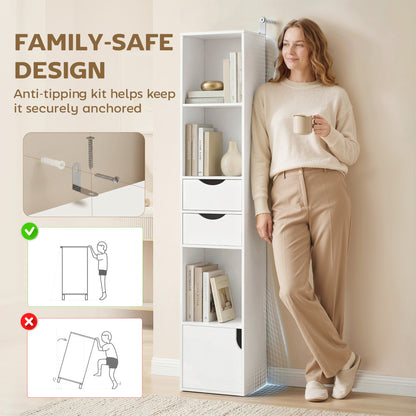 Bookcase with Drawers Adjustable Shelf Bookshelf with 2 Drawers and Cabinet 158cm, White / Grey