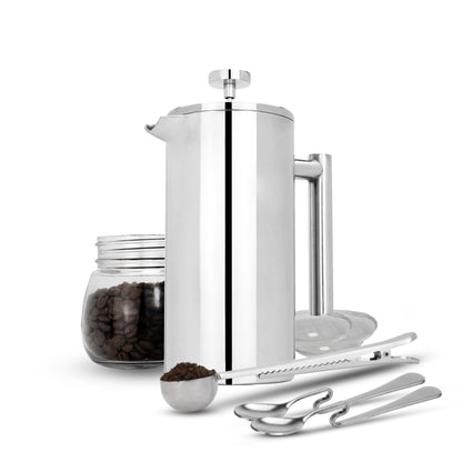 Maison & White French Press Cafetière | 350ml Double-Walled Stainless Steel Coffee Maker | Filter, 2 Spoons & Scoop Clip Set | Polished Silver