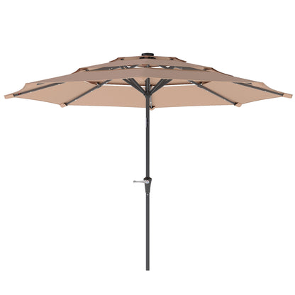 Outsunny 3-Tier Garden Parasol with Solar LED Lights, UPF 30+, Tilt Mechanism & Crank Handle, for Market Terrace, Dark Grey