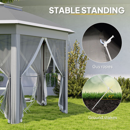 3 x 4m Garden Gazebo Hexagon Pop Up Party Tent Canopy Double Roof Instant Shelter with Netting and Carry Bag for Outdoor Patio, Dark Grey