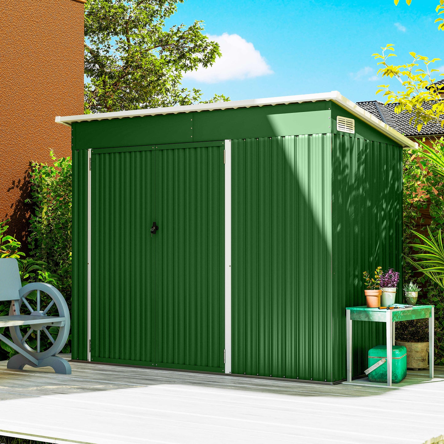 Galvanised Steel Garden Storage Shed | Triple Lockable Access | Double Front Doors & Side Door | Powder-Coated | Ventilation Slots | Sloped Roof | 25kg/m² Snow Load | 234x132x185cm | 2.68m² | Green