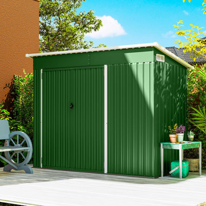 Galvanised Steel Garden Storage Shed | Triple Lockable Access | Double Front Doors & Side Door | Powder-Coated | Ventilation Slots | Sloped Roof | 25kg/m² Snow Load | 234x132x185cm | 2.68m² | Green