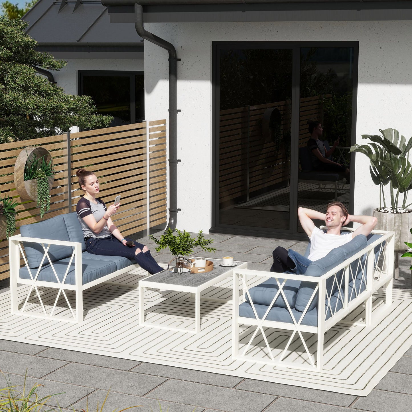 Outsunny Four-Piece L Shaped Garden Furniture Set with 5-Level Adjustable Lounger - Grey