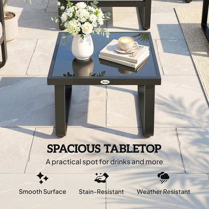 Outdoor Garden Coffee Table | Tempered Glass Top | Powder Coated Metal Frame | Adjustable Feet | 45x45x33cm | 30kg | Black