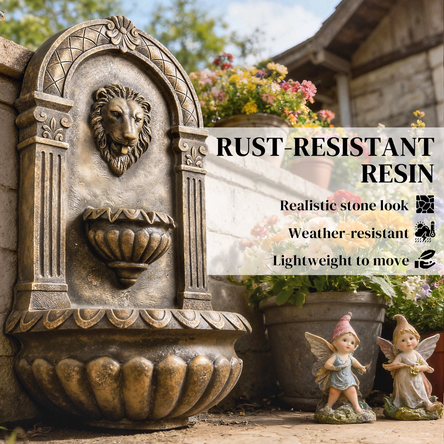 Wall-Mounted 3-Tier Lion Head Resin Waterfall Fountain | Warm LED Backlighting | Hand-Painted Weathered Stone Look | 3-Speed Adjustable Pump | 5W | 230V | 3m Cable | 41x23x79cm | Patio & Garden | Rustic Brown