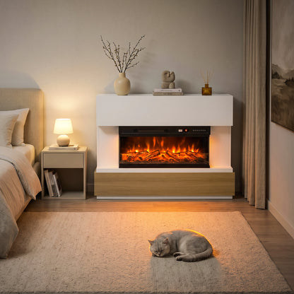 117cm Three-Sided Electric Fireplace Suite | White Surround & Wood-Effect Base | 900/1800W, 12 Flame Colours, Remote & 8-Hour Timer