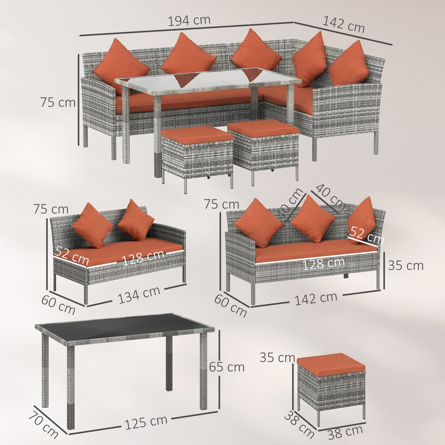 6-Seater Rattan Garden Dining Set | Sofa & Loveseat | 2 Footstools | Glass Table | Zip Cushions | 5 Pillows | 160kg | Orange