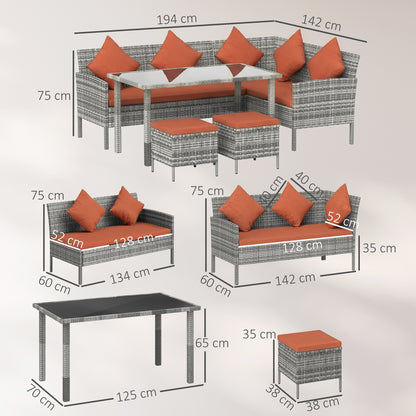 6-Seater Rattan Garden Dining Set | Sofa & Loveseat | 2 Footstools | Glass Table | Zip Cushions | 5 Pillows | 160kg | Orange