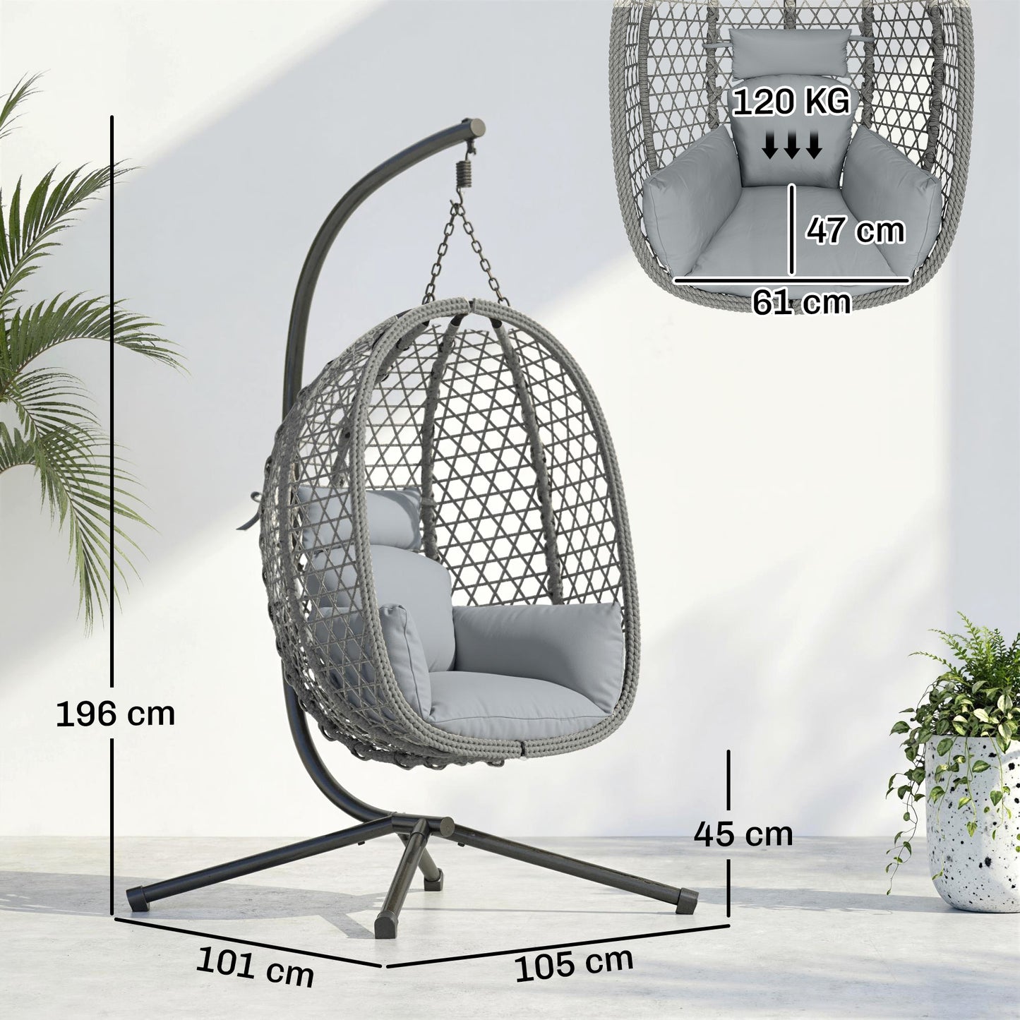 Hanging Egg Chair | Handwoven Rattan | Foldable Basket | 15cm Cushion & Headrest | Dark Grey