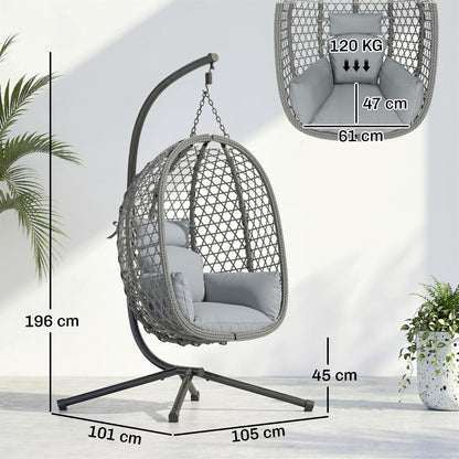 Hanging Egg Chair | Handwoven Rattan | Foldable Basket | 15cm Cushion & Headrest | Dark Grey