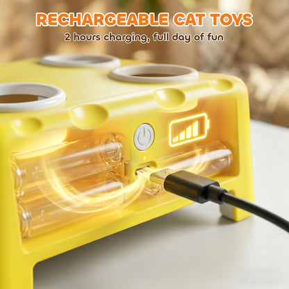 3-in-1 Interactive Cat Toy | Popping Mouse | Spinning Feather | USB-C | 15-Min Auto-Rest | Multi-Cat | Yellow