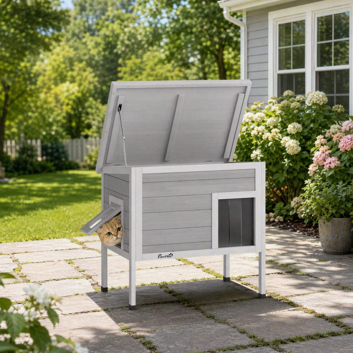 Insulated Outdoor Cat House with Removable Liner | Waterproof Asphalt Roof | 21cm Raised Base | Escape Door | Opening Roof | PVC Door Curtain | Fir Wood | For Cats Up To 6kg | 68x50x65cm | Dark Grey