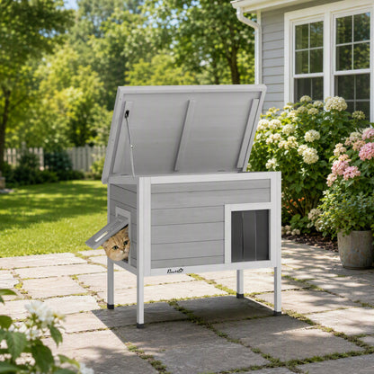 Insulated Outdoor Cat House with Removable Liner | Waterproof Asphalt Roof | 21cm Raised Base | Escape Door | Opening Roof | PVC Door Curtain | Fir Wood | For Cats Up To 6kg | 68x50x65cm | Dark Grey