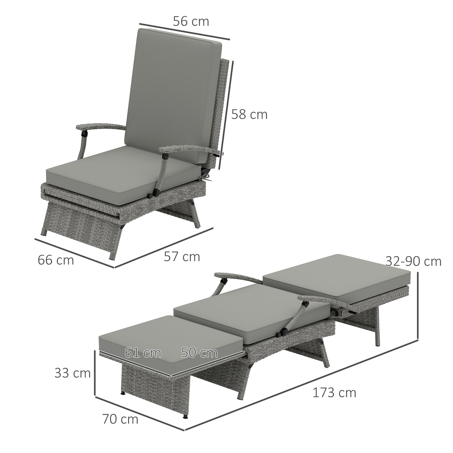 Outsunny 80° Reclining Rattan Lounger - Grey / White Beige