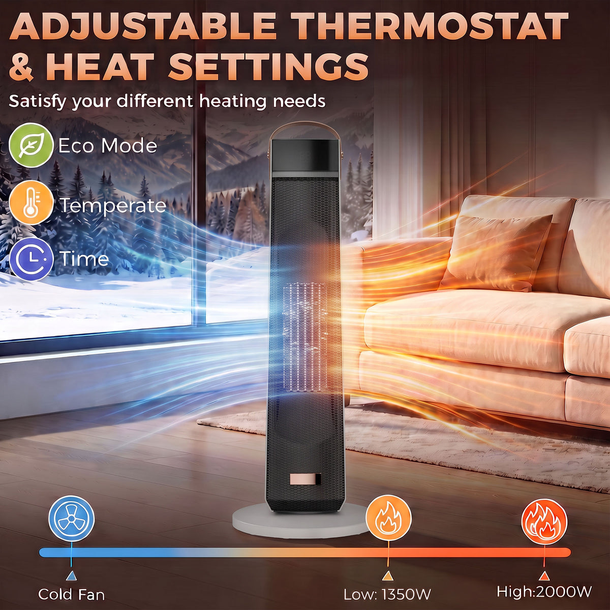 Beige 2000W Ceramic Tower Heater | LED Flame Effect & 70° Oscillation | ECO Mode, 20–40°C Thermostat | 12-Hour Timer & Remote