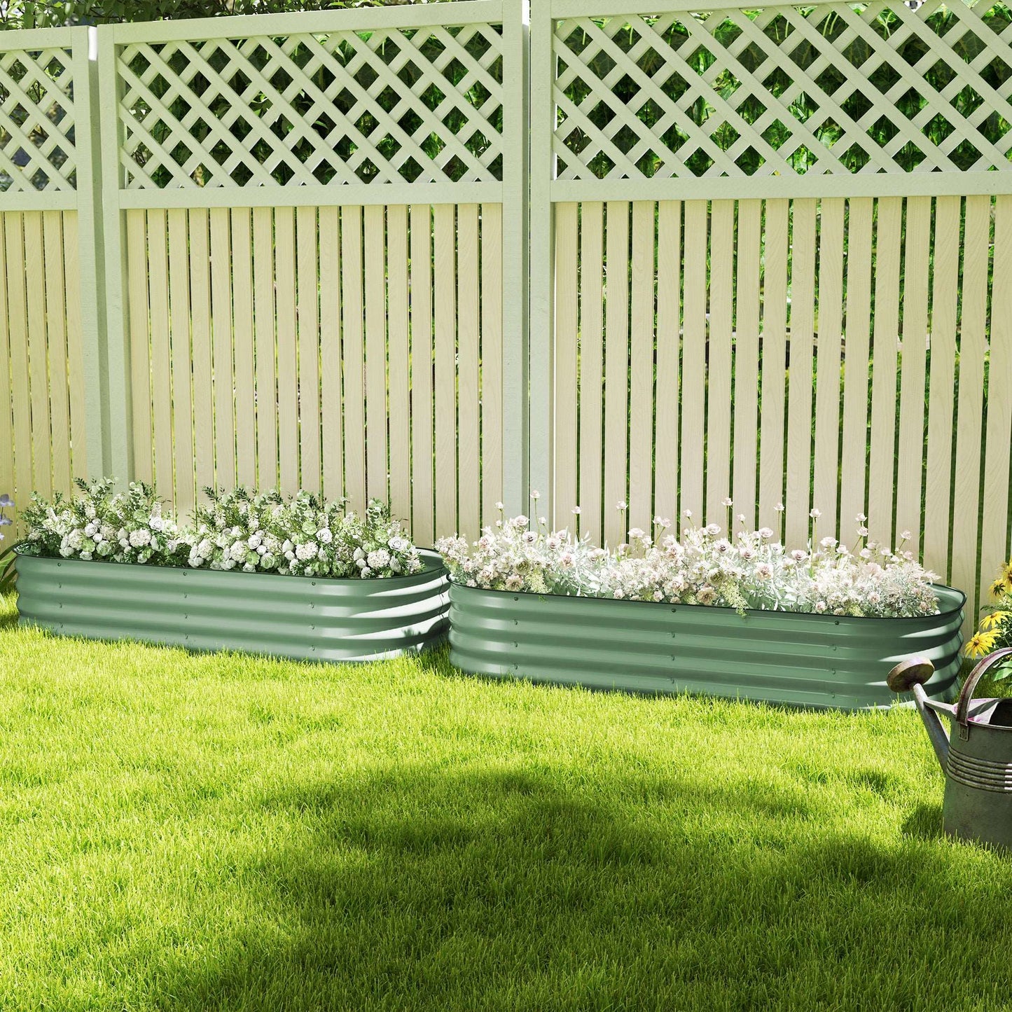 Outsunny Galvanised Raised Garden Bed, Metal Planter Box with Safety Edging, for Flowers, Herbs, Succulents, Pack of 2, Green