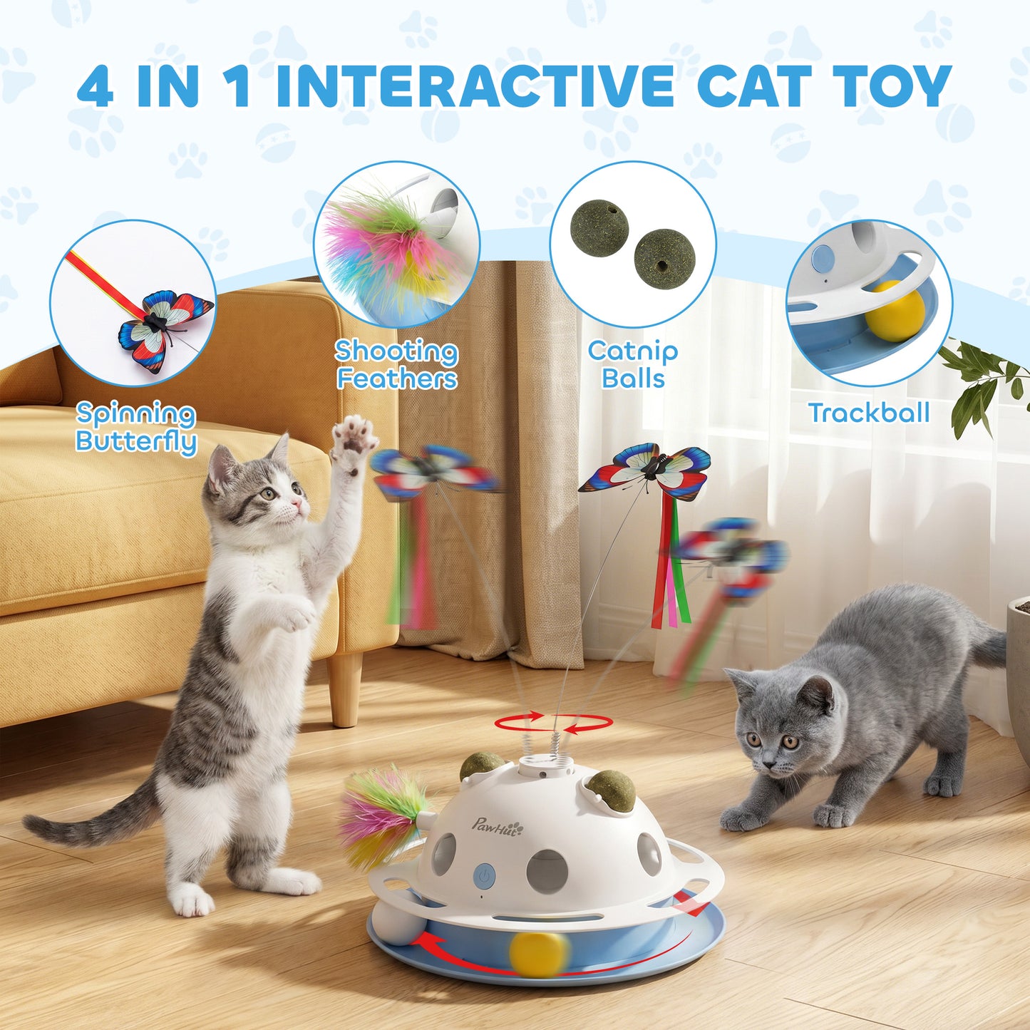 4-in-1 Interactive Cat Toy | Spinning Butterfly | Shooting Feathers | Catnip Balls | Auto Standby | USB & Battery