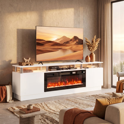 178cm Electric Fireplace TV Stand | Floating-Effect Top, LED Shelf & 2 Cabinets | 900/1800W, 12 Flame Colours, Remote & Timer | White