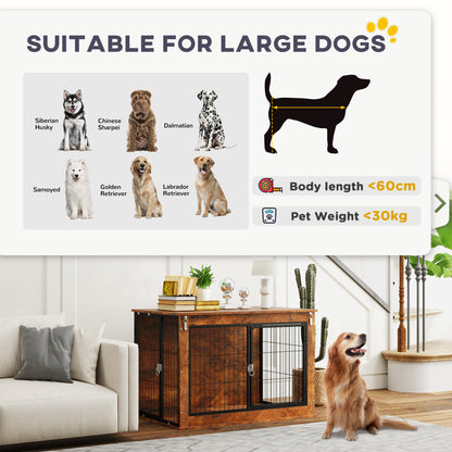Dog Crate Furniture Side Table | Flip-Up Top | Double Doors | 3-Sided Ventilation | Large Dogs up to 30kg | 98 x 60 x 65.5cm | Rustic Brown