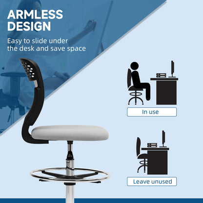Draughtsman Chair for Tall Desks | Armless | Mesh Back | Padded Seat | Adjustable Foot Ring | 106-126cm Height | 110kg | Light Grey