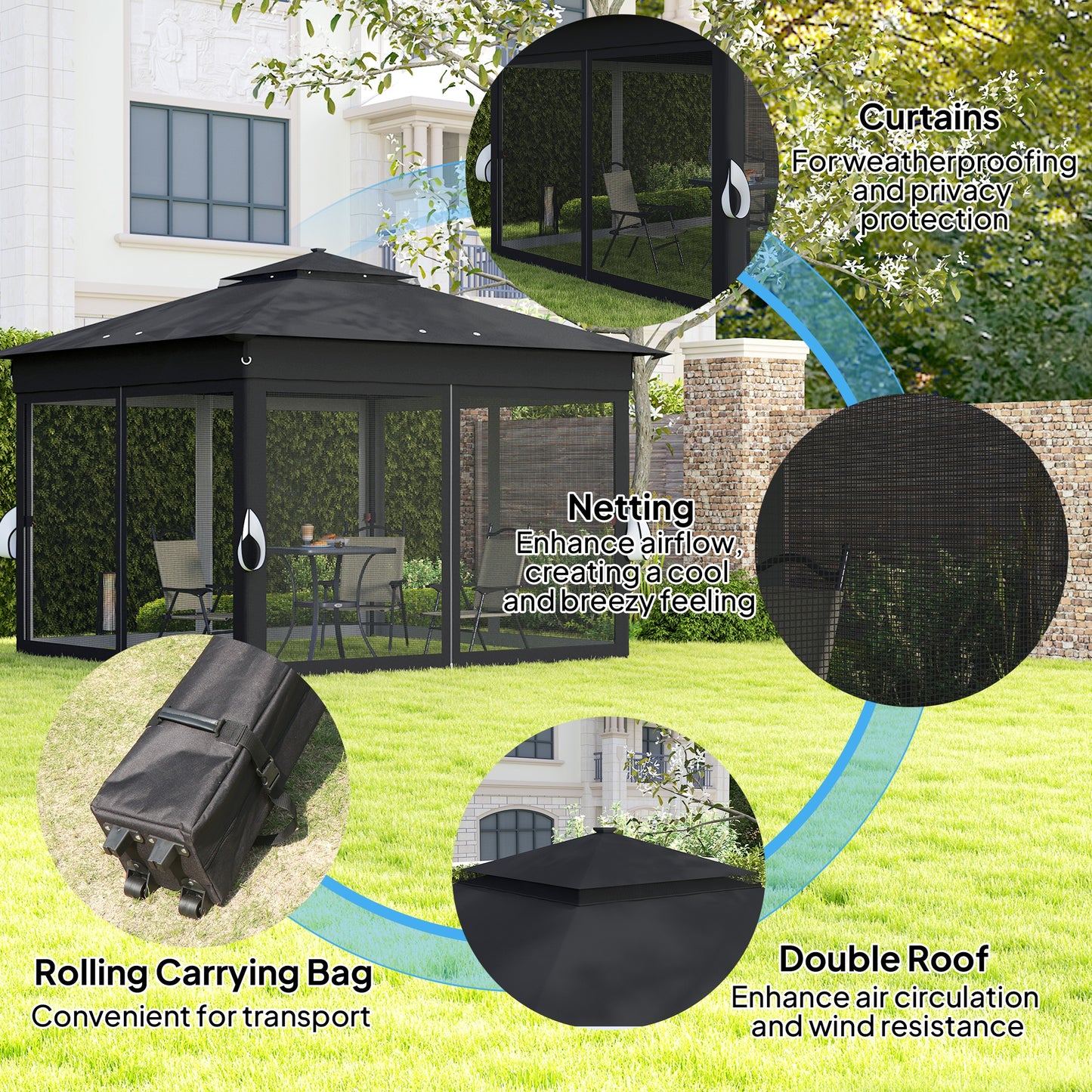 Outsunny 3 x 3(m) Pop Up Gazebo Party Tent with Solar-Powered LED Lights, Adjustable Event Shelter with Netting, Black