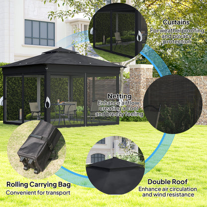 Outsunny 3 x 3(m) Pop Up Gazebo Party Tent with Solar-Powered LED Lights, Adjustable Event Shelter with Netting, Black