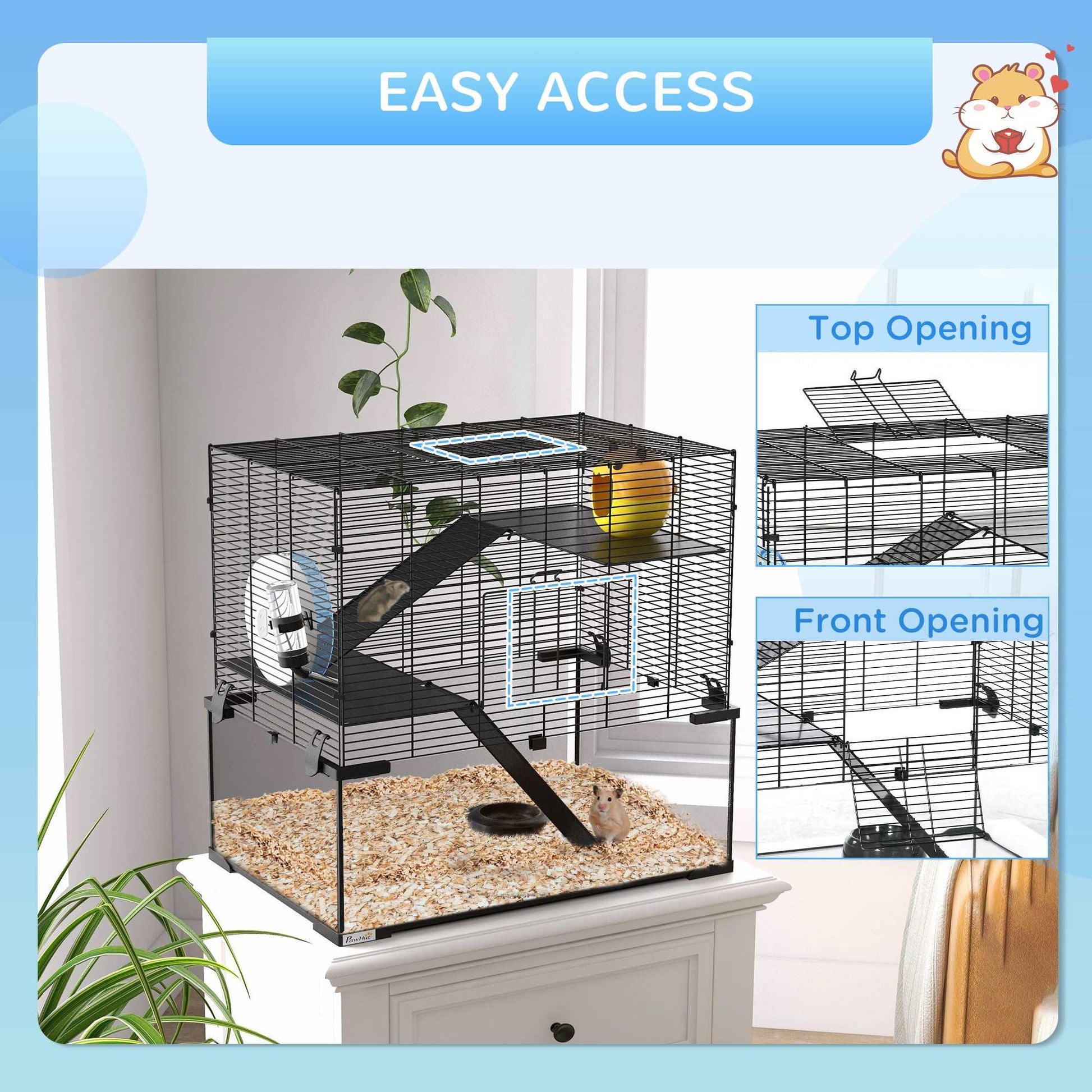 3 Tiers Hamster Cage, Gerbil Cage W/ Deep Glass Bottom, Non-Slip Ramps, Platforms, Hut Exercise Wheels Water Bottle for Syrian Dwarf Hamster