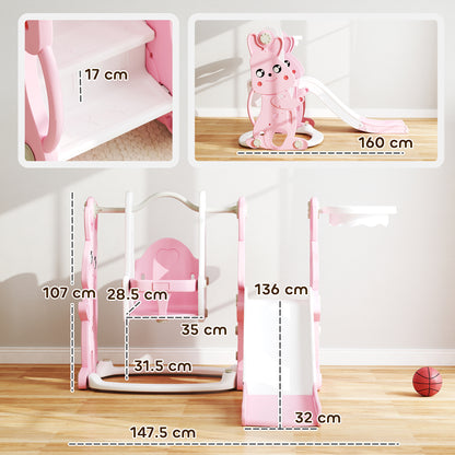 AIYAPLAY 4 in 1 Kids  Baby Toddler Slide and Swing Set with Climber, Basketball Hoop, Rabbit-Themed, Pink