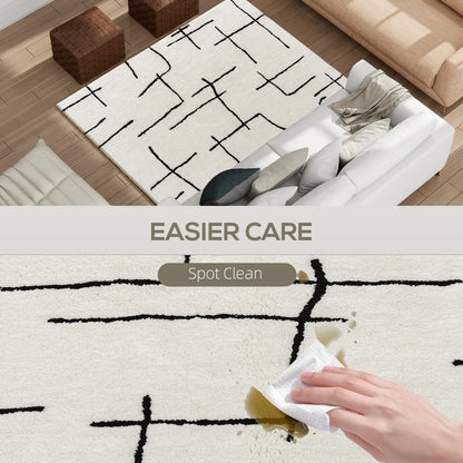 Modern Fluffy Geometric Area Rug | 100% Polyester High Pile | Washable | Cream Abstract Pattern | 170x120cm | Living Room Bedroom Dining Room Home Office