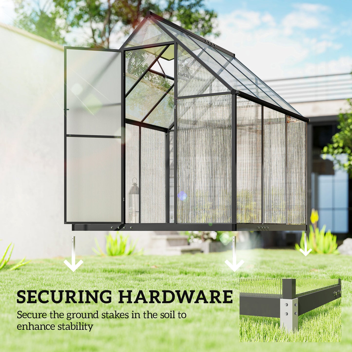 Polycarbonate Greenhouse with Swing Door and Adjustable Window, Walk-in Greenhouse with Rain Gutter, 6 x 6.5ft, Black