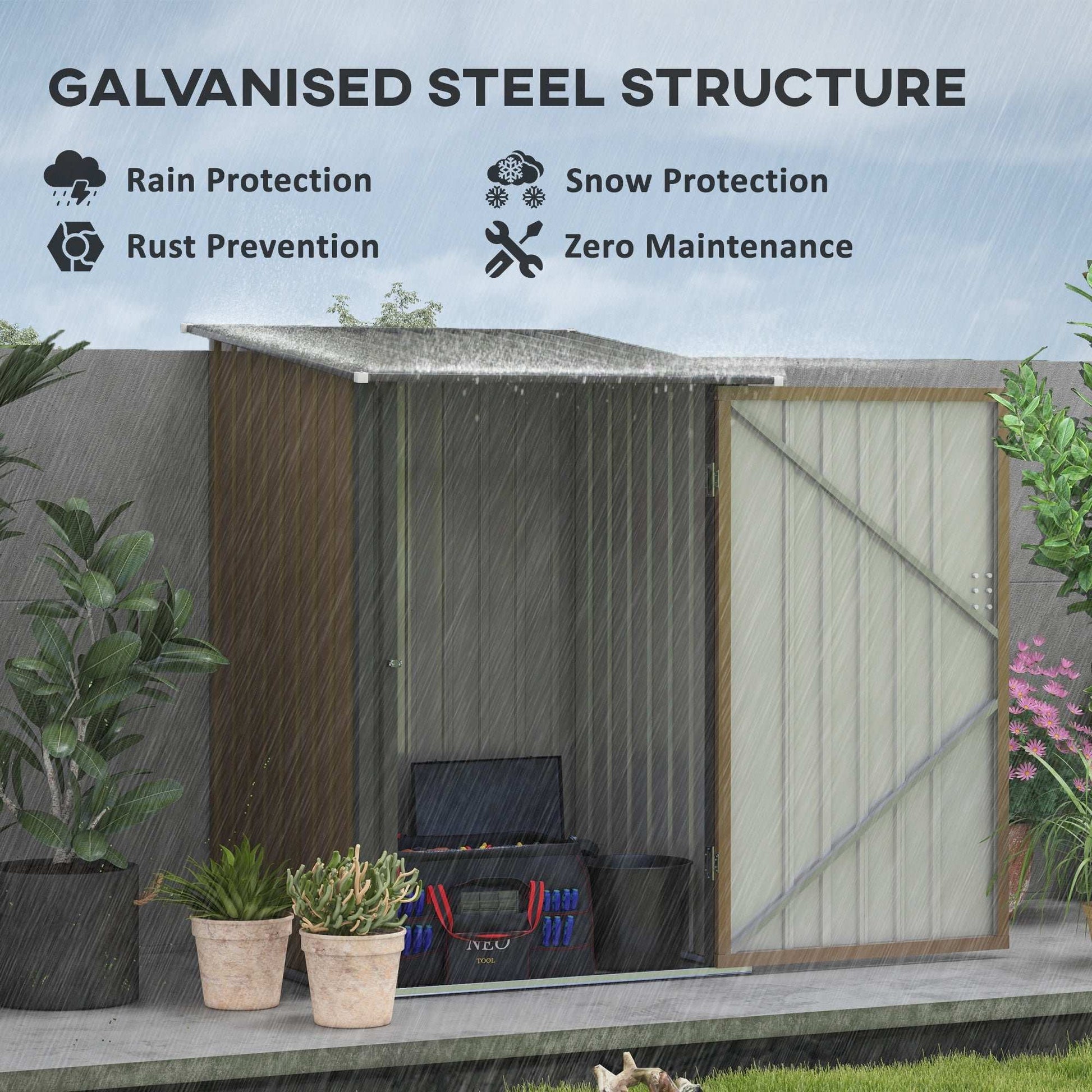 3.3ft x 3.4ft Lean to Garden Shed, Metal Outdoor Storage Shed with Single Lockable Door, Tool Storage Shed for Garden, Patio, Lawn, Brown