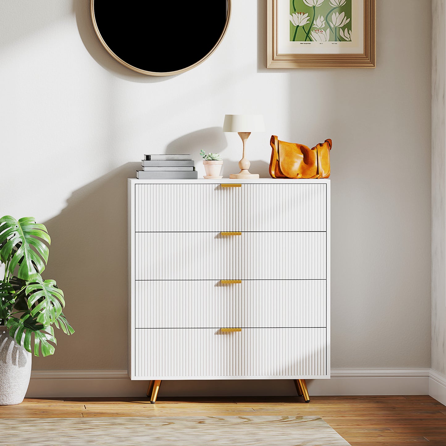 Elegant Four-Drawer Bedside Table - White