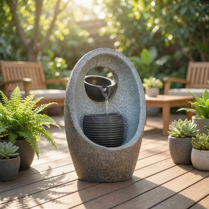 2-Tier Cascading Garden Water Fountain | LED Light | 3W Pump | 3m Cable | Resin | Grey