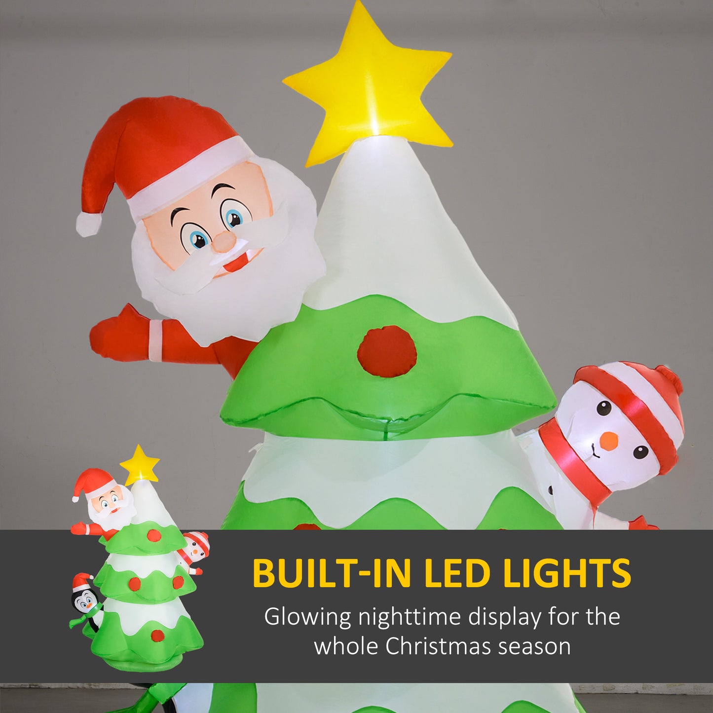 Outsunny 8FT Inflatable Christmas Tree with Santa Claus, Snowman and Penguin Behind, Blow Up Outdoor LED Display for Garden Party
