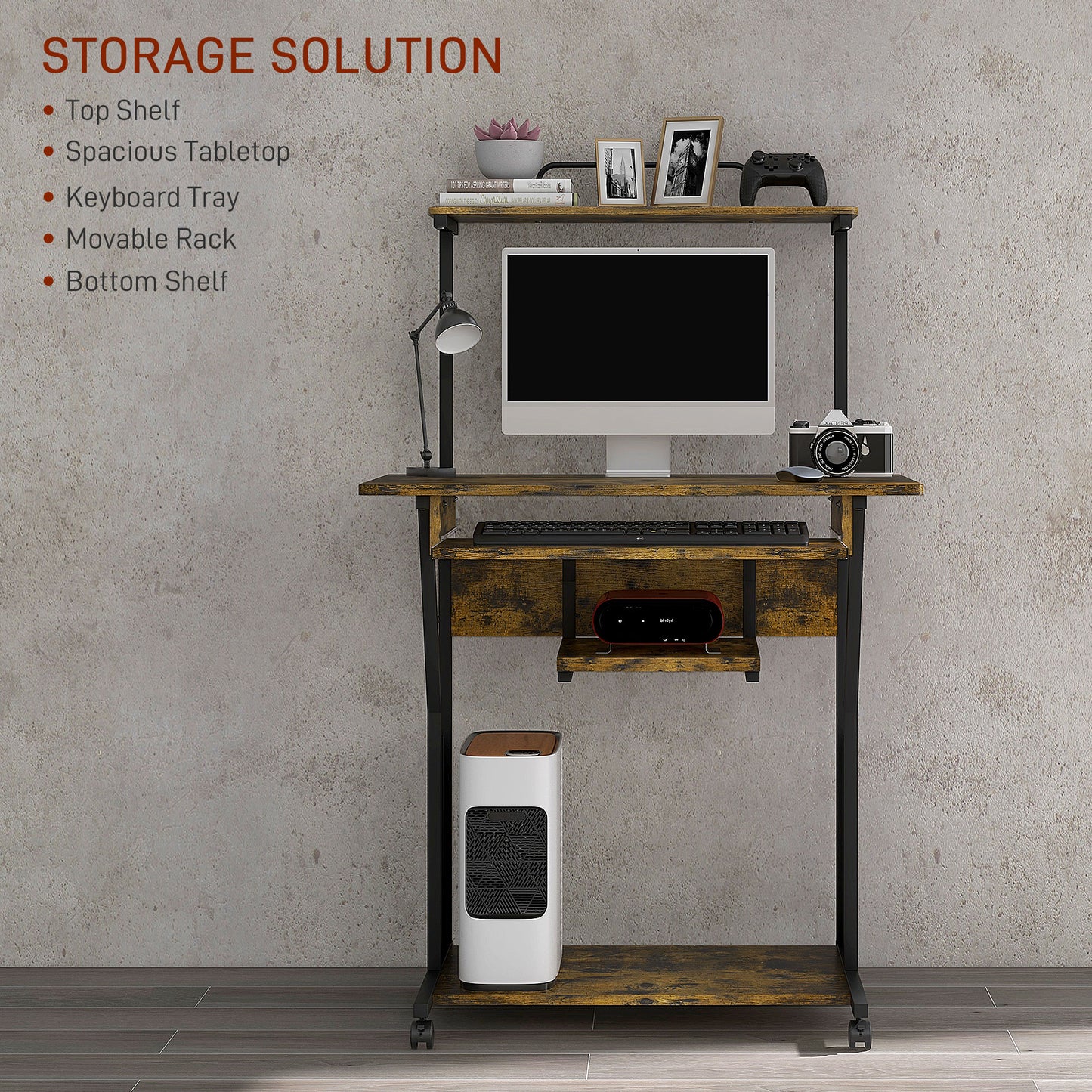 Retro Style Mobile Computer Desk W/ Keyboard Tray, Rolling Study Table, Storage Shelves, Wheels, Industrial Writing Desk,  Home Office - Rustic Brown