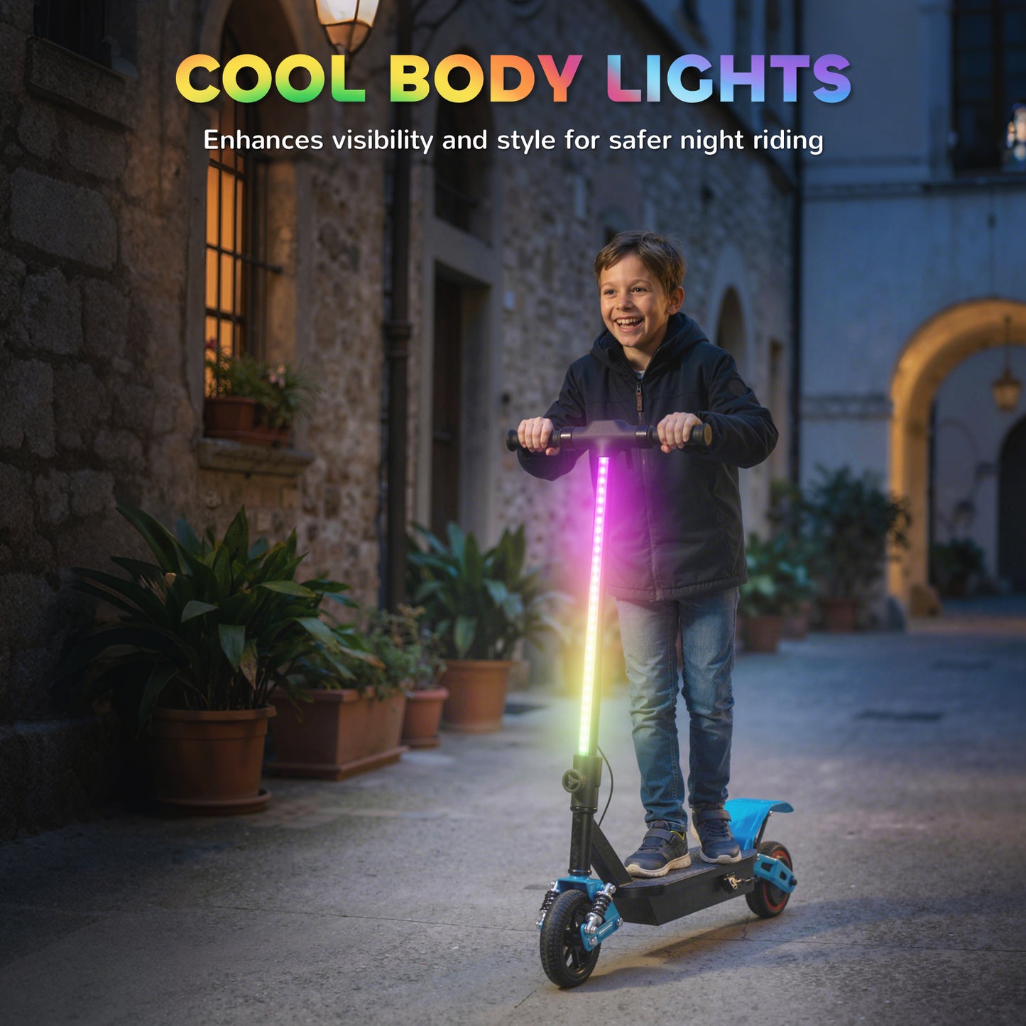 Kids Electric Scooter – 200W Motor, 15km/h, 6km Range, Dual Suspension, LCD Display, LED Lights, Foldable, Ages 6–14 – Blue