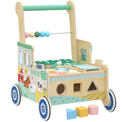 Wooden Baby Walker | Multifunction Activity Centre with Shape & Colour Learning, Toy Storage & Push-Along Support | 1-3 Years | Green & Natural